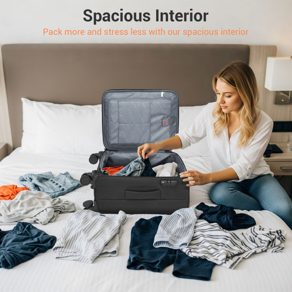 Tough Travel Soft Shell Suitcase with Silent TPE Spinners, TSA Security – 20-Inch – Black