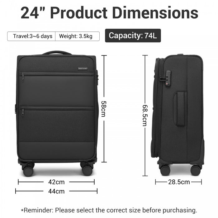 Tough Travel Soft Shell Suitcase with Silent TPE Spinners, Expandable Capacity – 24-Inch – Black