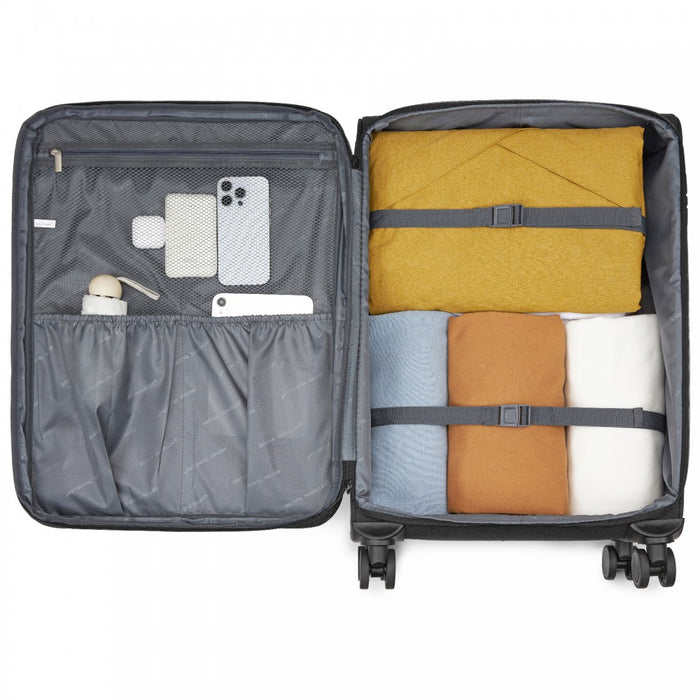 Tough Travel Soft Shell Suitcase with Silent TPE Spinners, Expandable Capacity – 24-Inch – Black