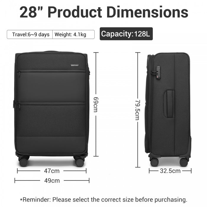 Tough Travel Soft Shell Suitcase with Silent TPE Spinners, Expandable Capacity – 28-Inch – Black