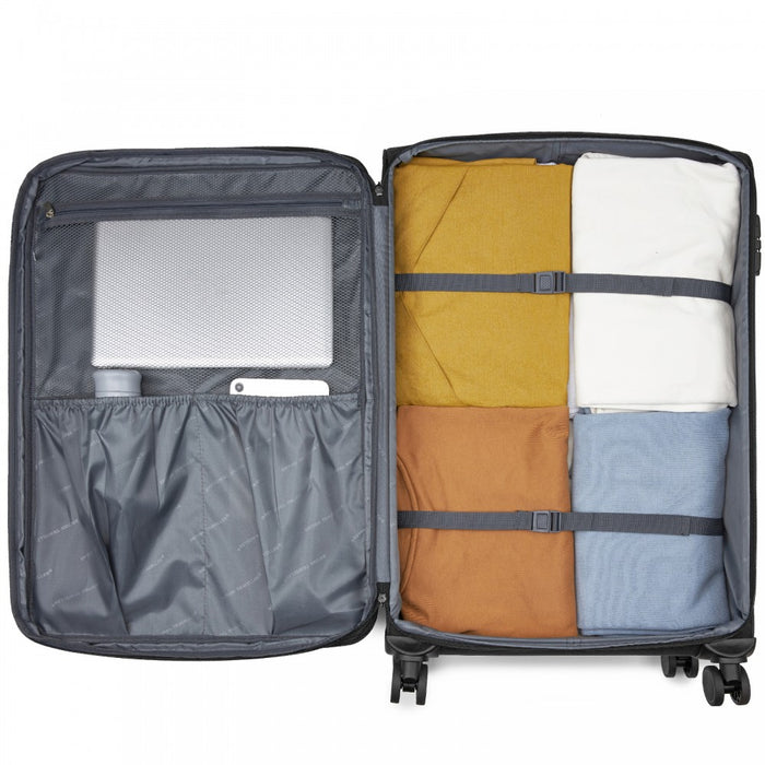 Tough Travel Soft Shell Suitcase with Silent TPE Spinners, Expandable Capacity – 28-Inch – Black