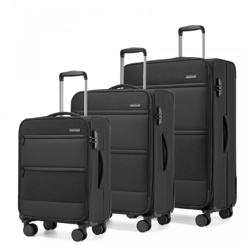 3-Piece Travel Soft Shell Suitcase Set with Silent TPE Spinners, Expandable Checked Sizes – Black