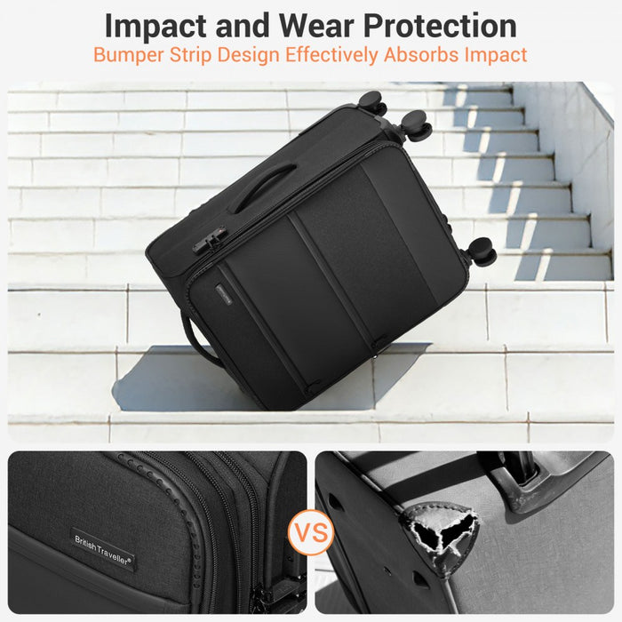 3-Piece Travel Soft Shell Suitcase Set with Silent TPE Spinners, Expandable Checked Sizes – Black