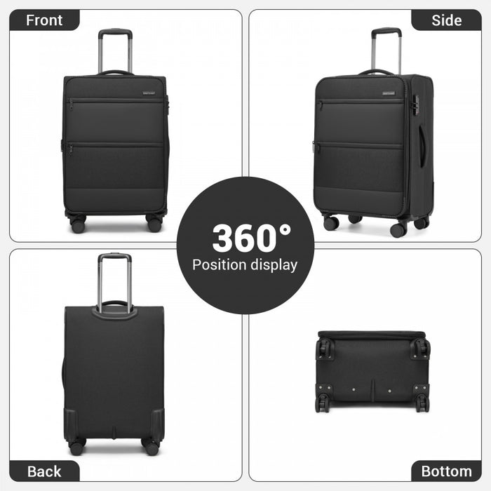 Tough Travel Soft Shell Suitcase with Silent TPE Spinners, Expandable Capacity – 24-Inch – Black