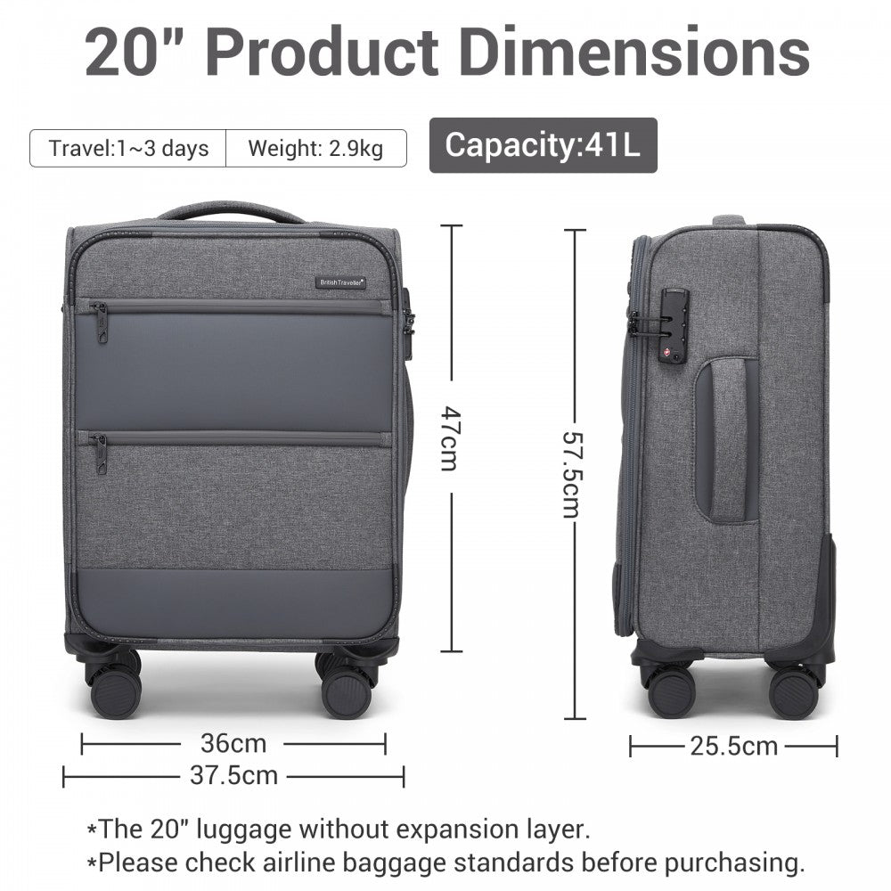 Tough Travel Soft Shell Suitcase with Silent TPE Spinners, TSA Security – 20-Inch – Grey