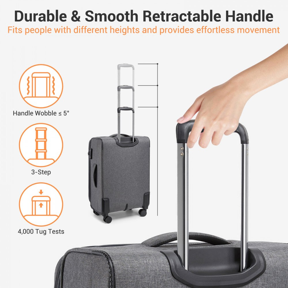 Tough Travel Soft Shell Suitcase with Silent TPE Spinners, TSA Security – 20-Inch – Grey