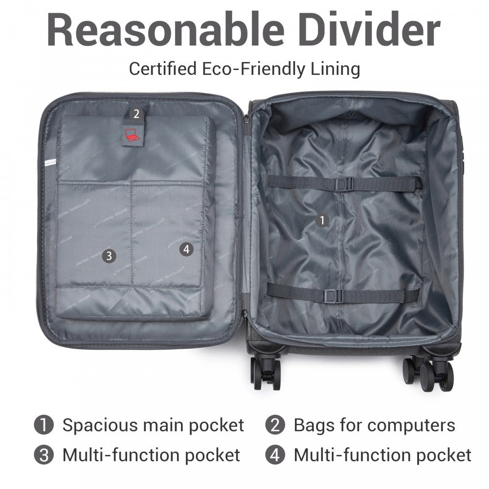 Tough Travel Soft Shell Suitcase with Silent TPE Spinners, TSA Security – 20-Inch – Grey