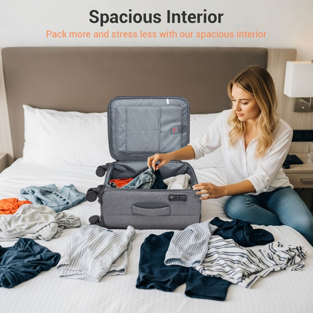 Tough Travel Soft Shell Suitcase with Silent TPE Spinners, TSA Security – 20-Inch – Grey