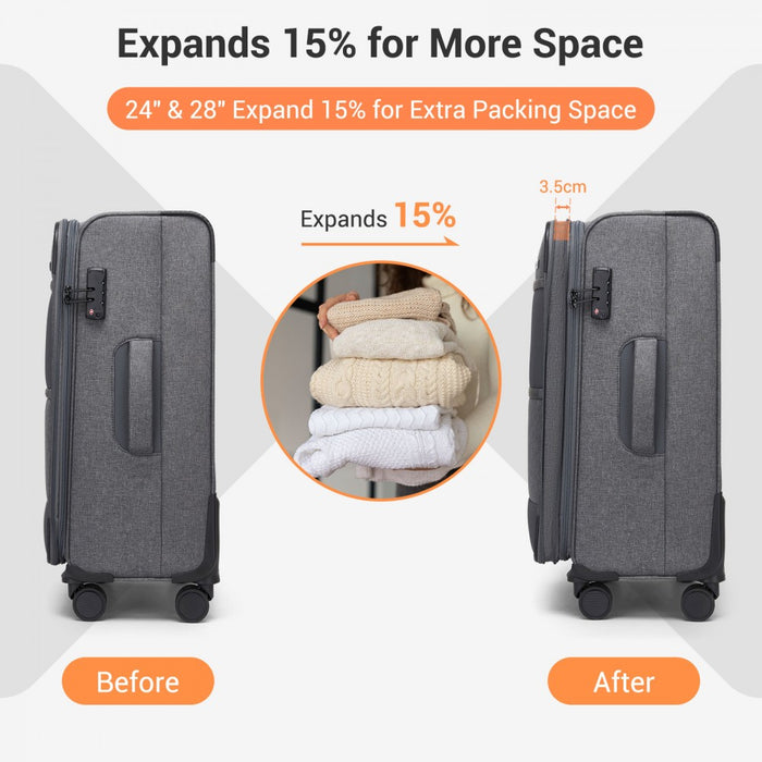 Tough Travel Soft Shell Suitcase with Silent TPE Spinners, Expandable Capacity – 28-Inch – Grey