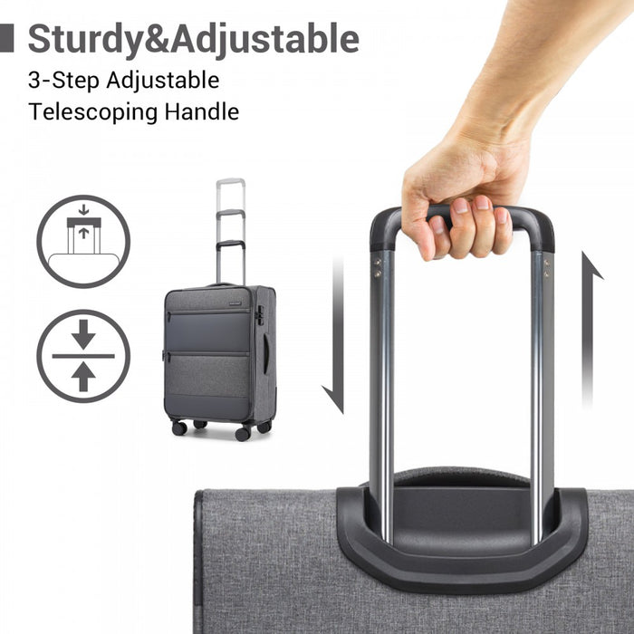 Tough Travel Soft Shell Suitcase with Silent TPE Spinners, Expandable Capacity – 24-Inch – Grey