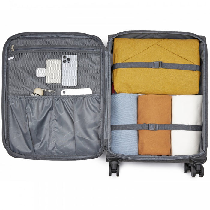 Tough Travel Soft Shell Suitcase with Silent TPE Spinners, Expandable Capacity – 24-Inch – Grey