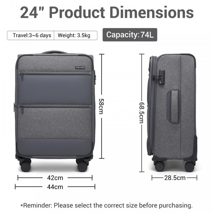 Tough Travel Soft Shell Suitcase with Silent TPE Spinners, Expandable Capacity – 24-Inch – Grey