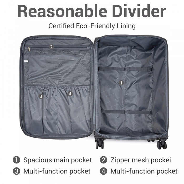 Tough Travel Soft Shell Suitcase with Silent TPE Spinners, Expandable Capacity – 24-Inch – Grey