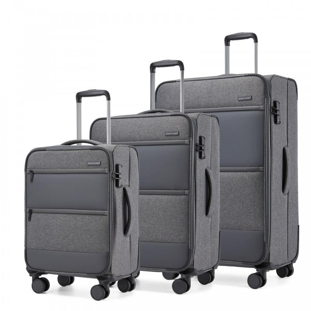 3-Piece Travel Soft Shell Suitcase Set with Silent TPE Spinners, Expandable Checked Sizes – Grey