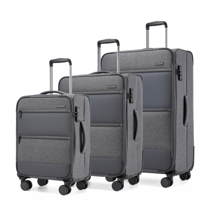 3-Piece Travel Soft Shell Suitcase Set with Silent TPE Spinners, Expandable Checked Sizes – Grey