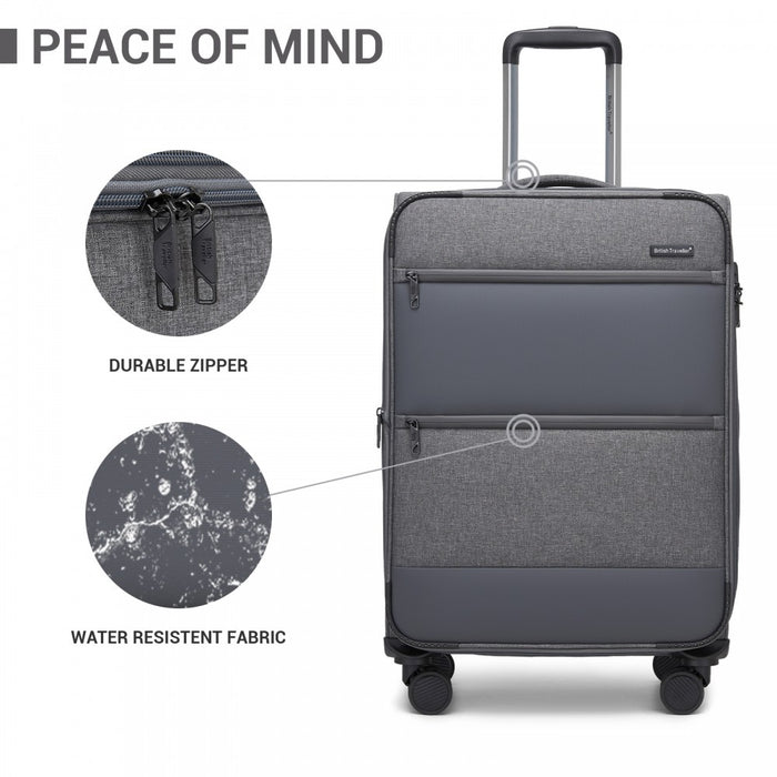 Tough Travel Soft Shell Suitcase with Silent TPE Spinners, Expandable Capacity – 28-Inch – Grey
