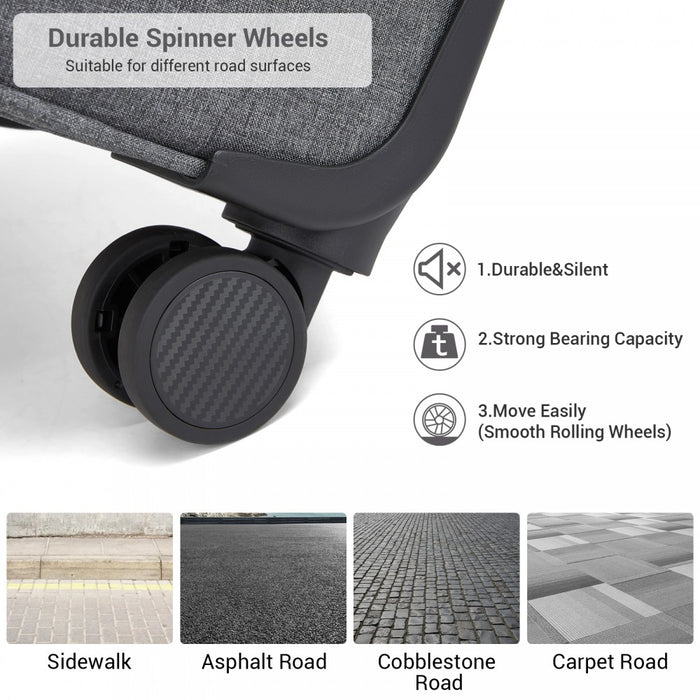 3-Piece Travel Soft Shell Suitcase Set with Silent TPE Spinners, Expandable Checked Sizes – Grey