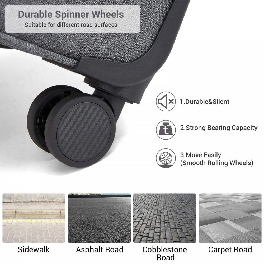 Tough Travel Soft Shell Suitcase with Silent TPE Spinners, TSA Security – 20-Inch – Grey