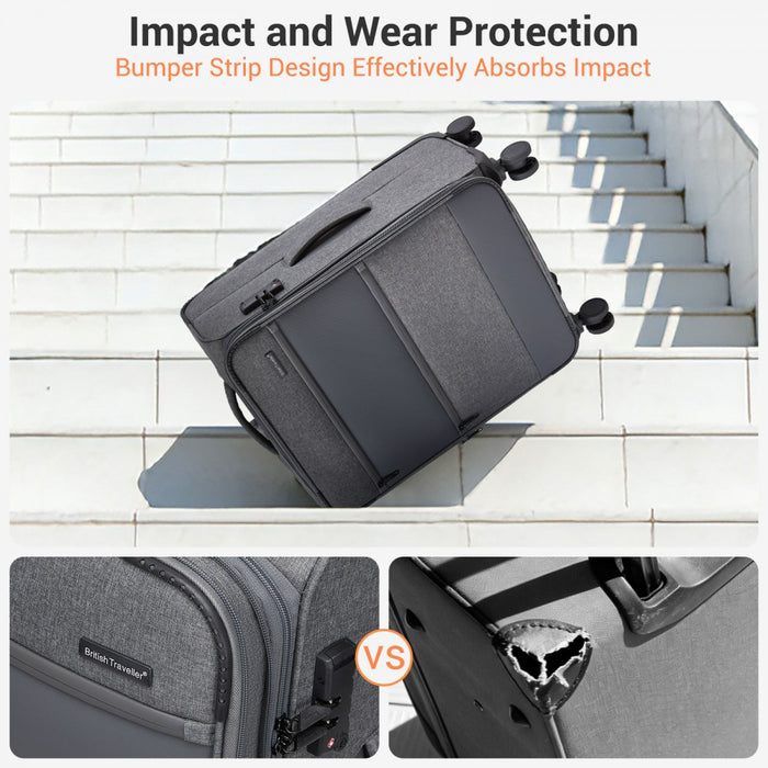 Tough Travel Soft Shell Suitcase with Silent TPE Spinners, Expandable Capacity – 28-Inch – Grey