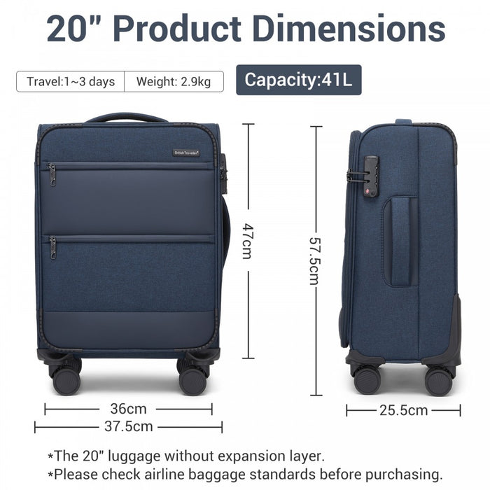 Tough Travel Soft Shell Suitcase with Silent TPE Spinners, TSA Security – 20-Inch – Navy