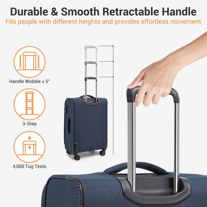 Tough Travel Soft Shell Suitcase with Silent TPE Spinners, TSA Security – 20-Inch – Navy