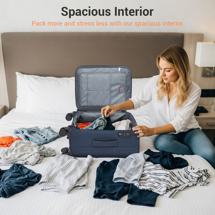 Tough Travel Soft Shell Suitcase with Silent TPE Spinners, TSA Security – 20-Inch – Navy