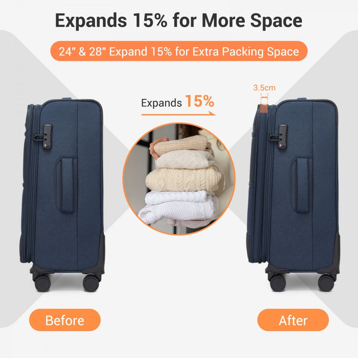 3-Piece Travel Soft Shell Suitcase Set with Silent TPE Spinners, Expandable Checked Sizes – Navy