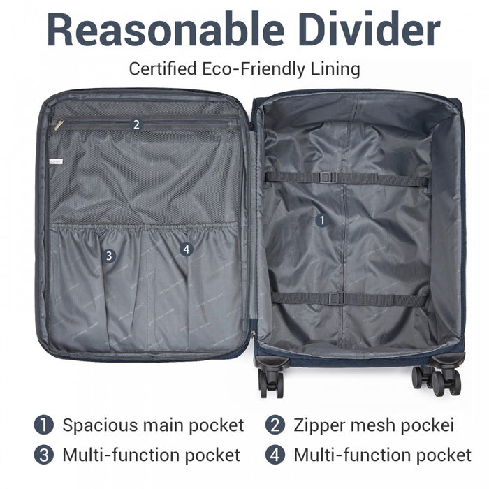 Tough Travel Soft Shell Suitcase with Silent TPE Spinners, Expandable Capacity – 24-Inch – Navy