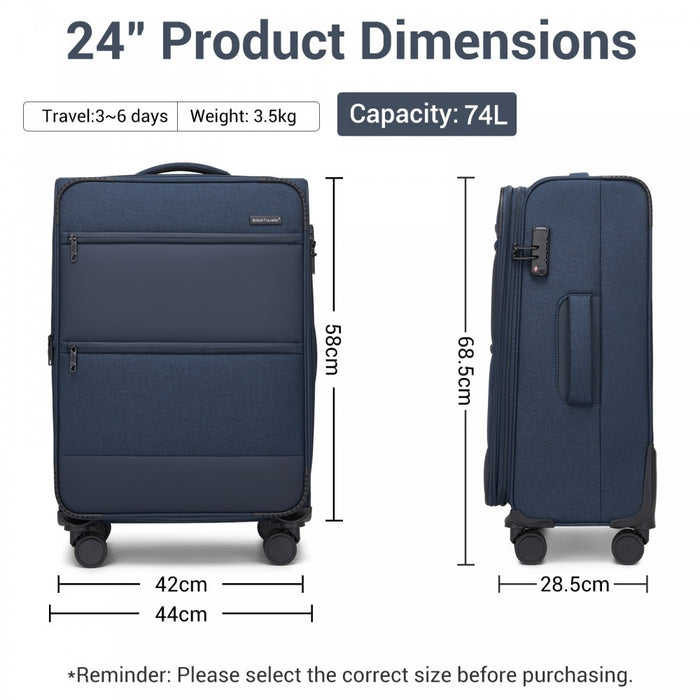 Tough Travel Soft Shell Suitcase with Silent TPE Spinners, Expandable Capacity – 24-Inch – Navy