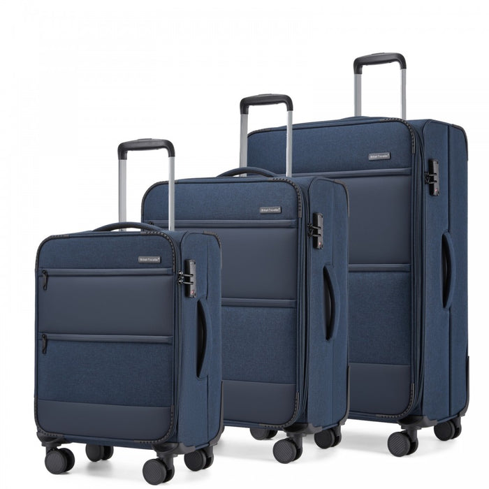3-Piece Travel Soft Shell Suitcase Set with Silent TPE Spinners, Expandable Checked Sizes – Navy