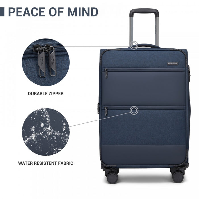 Tough Travel Soft Shell Suitcase with Silent TPE Spinners, Expandable Capacity – 24-Inch – Navy