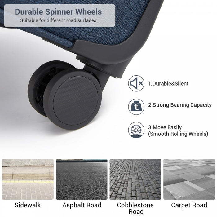Tough Travel Soft Shell Suitcase with Silent TPE Spinners, Expandable Capacity – 24-Inch – Navy