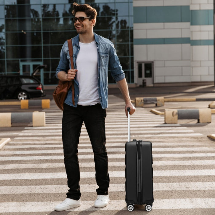 Horizontal Engraved ABS+PC Hard Shell Cabin Carry-On Suitcase with TSA Lock – 19-Inch – Black
