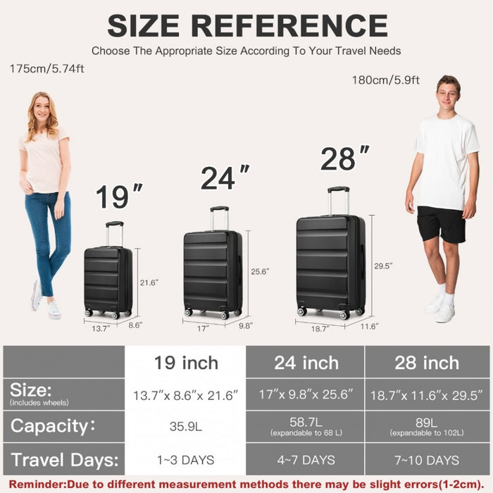 Horizontal Engraved ABS+PC Hard Shell Cabin Carry-On Suitcase with TSA Lock – 19-Inch – Black
