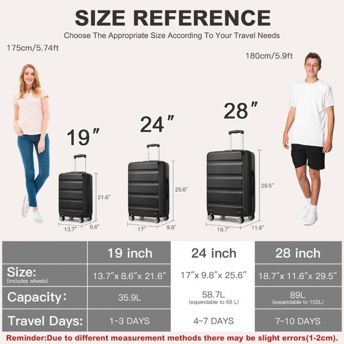 Expandable Horizontal Engraved ABS+PC Hard Shell Check-In Suitcase with TSA Lock – 24-Inch – Black