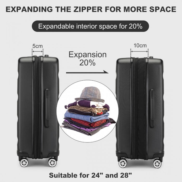 3-Piece Horizontal Engraved ABS+PC Hard Shell Suitcase Set with TSA Lock – Black