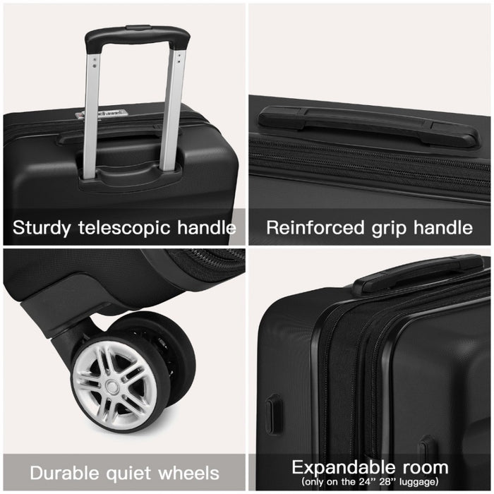 3-Piece Horizontal Engraved ABS+PC Hard Shell Suitcase Set with TSA Lock – Black