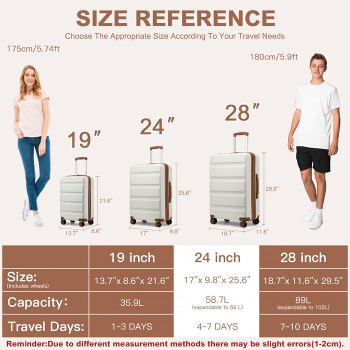 Expandable Horizontal Engraved ABS+PC Hard Shell Check-In Suitcase with TSA Lock – 24-Inch – Cream