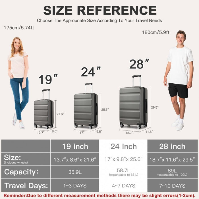 Expandable Horizontal Engraved ABS+PC Hard Shell Check-In Suitcase with TSA Lock – 24-Inch – Grey