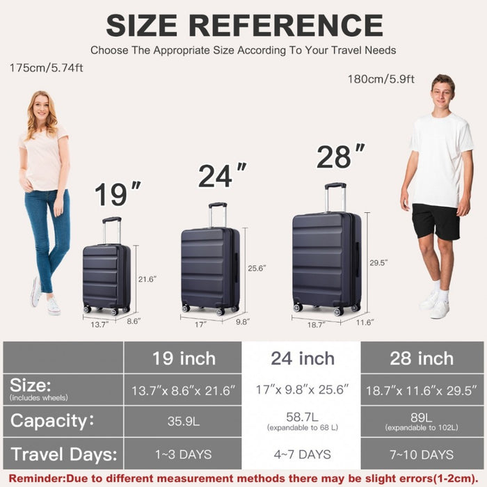 Expandable Horizontal Engraved ABS+PC Hard Shell Check-In Suitcase with TSA Lock – 24-Inch – Navy