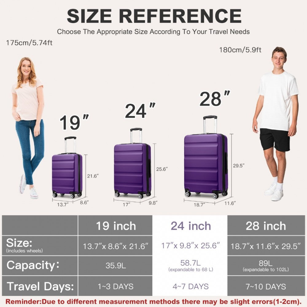 Expandable Horizontal Engraved ABS+PC Hard Shell Check-In Suitcase with TSA Lock – 24-Inch – Purple