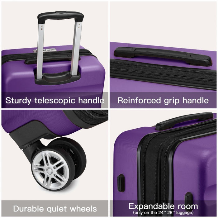 Expandable Horizontal Engraved ABS+PC Hard Shell Check-In Suitcase with TSA Lock – 24-Inch – Purple