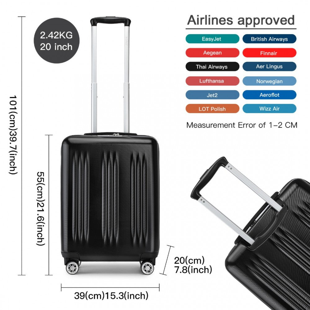 Striped Carry-On Suitcase ABS+PC Luggage with Four Spinner Wheels and TSA Lock – 20-Inch – Black