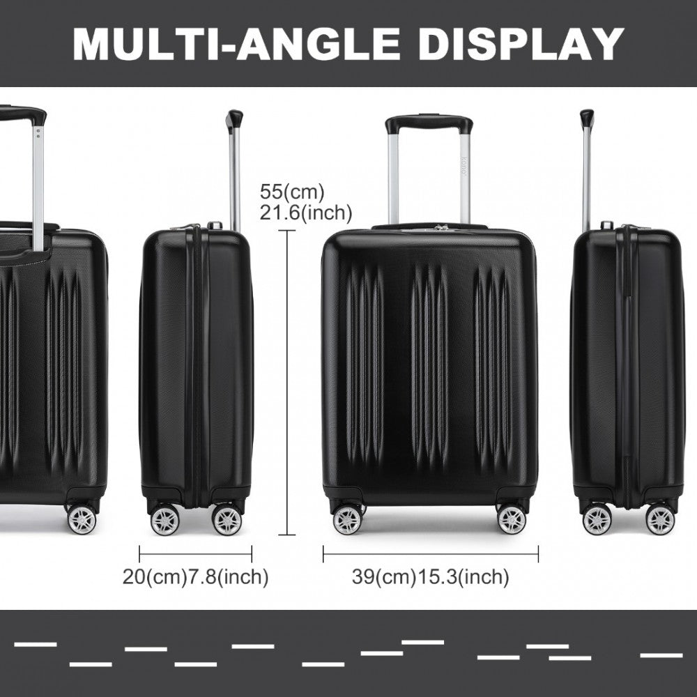 Striped Carry-On Suitcase ABS+PC Luggage with Four Spinner Wheels and TSA Lock – 20-Inch – Black