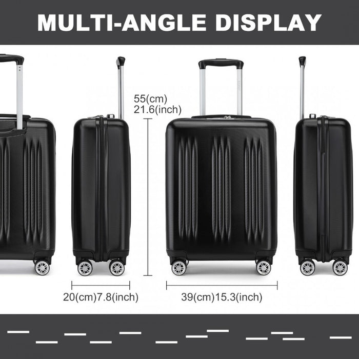 Striped Carry-On Suitcase ABS+PC Luggage with Four Spinner Wheels and TSA Lock – 20-Inch – Black