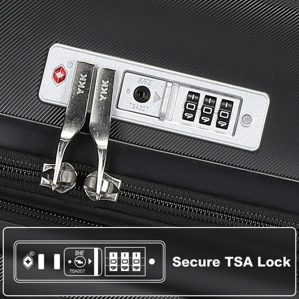 Striped Carry-On Suitcase ABS+PC Luggage with Four Spinner Wheels and TSA Lock – 20-Inch – Black