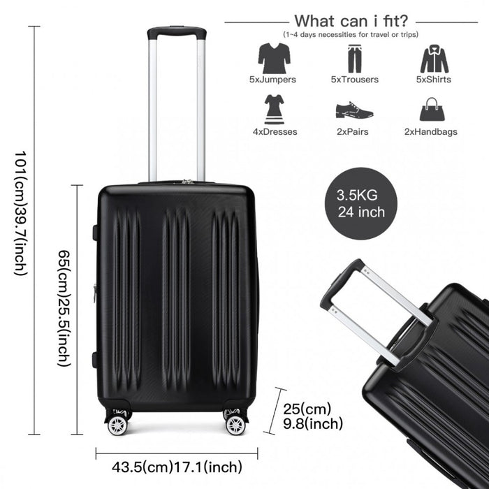Striped Check-In Suitcase Expandable ABS+PC Luggage with Four Spinner Wheels TSA Lock – 24-Inch – Black