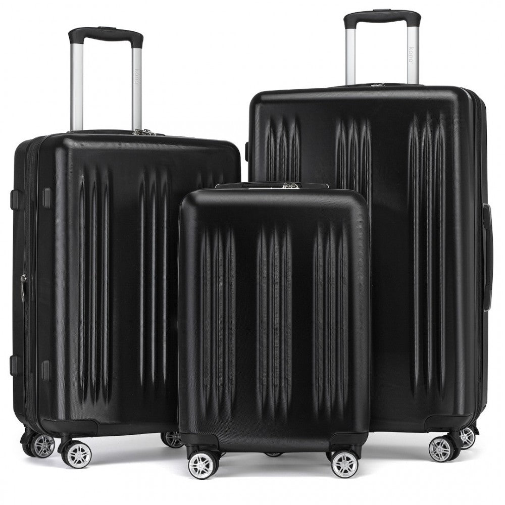 3-Piece Luggage Set Striped Expandable ABS+PC Suitcase with Four Spinner Wheels – 20/24/28-Inch – Black