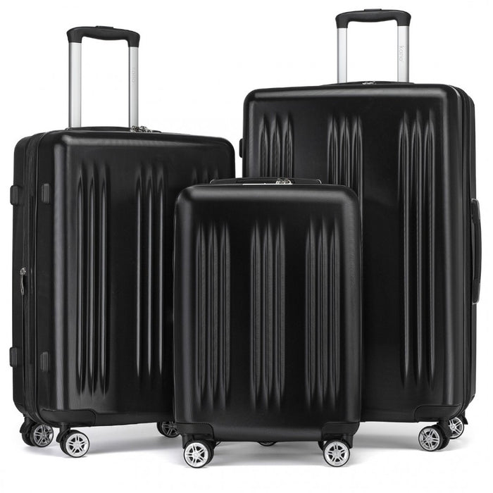 3-Piece Luggage Set Striped Expandable ABS+PC Suitcase with Four Spinner Wheels – 20/24/28-Inch – Black