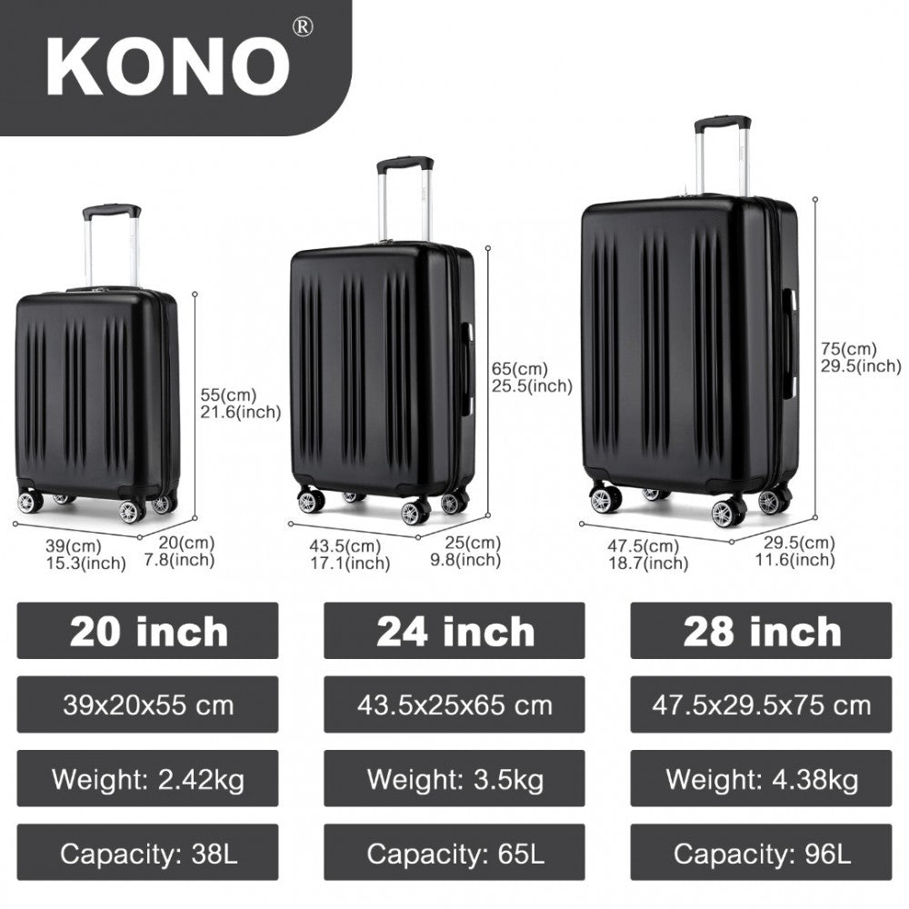 3-Piece Luggage Set Striped Expandable ABS+PC Suitcase with Four Spinner Wheels – 20/24/28-Inch – Black